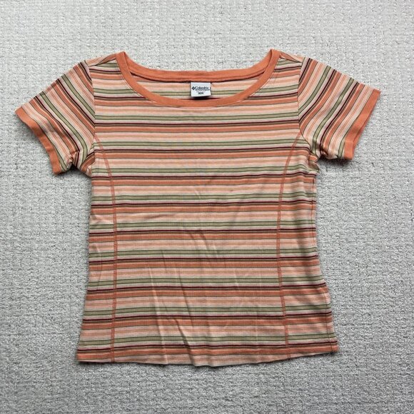 Columbia Retro Striped T-Shirt Women’s Sz M Salmon Pink Boho Outdoor Casual Top - Picture 1 of 14